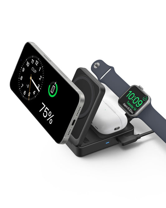 Anker MagGo 3 in 1 iPhone 16 Charging Station, MagSafe-Compatible Wireless Charger Stand, Qi2 Certified 15W Foldable Charger for iPhone 15/14, AirPods, Apple Watch 9 (40W USB-C Adapter Included)