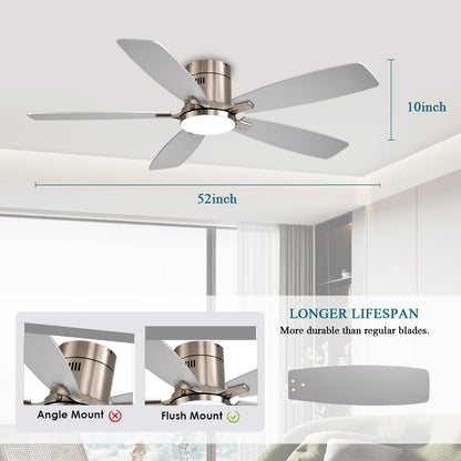 Ayaoty 52 Inch Low Profile Ceiling Fans with Lights and Remote, Flush Mount Modern Ceiling Fan, 3CCT Dimmable DC Ceiling Fan for Bedroom, Living Room, Brushed Nickel