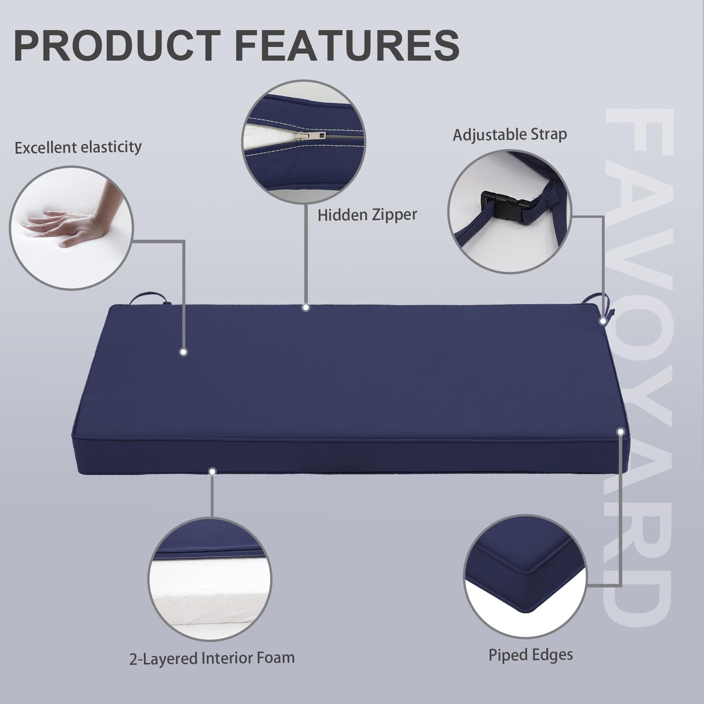 Favoyard Outdoor Bench Cushion 42 x 18 Inch Waterproof Patio Furniture Cushions 3-Year Color Fastness Garden Sofa Settee Couch Swing Pads with Handle and Adjustable Straps, Blue
