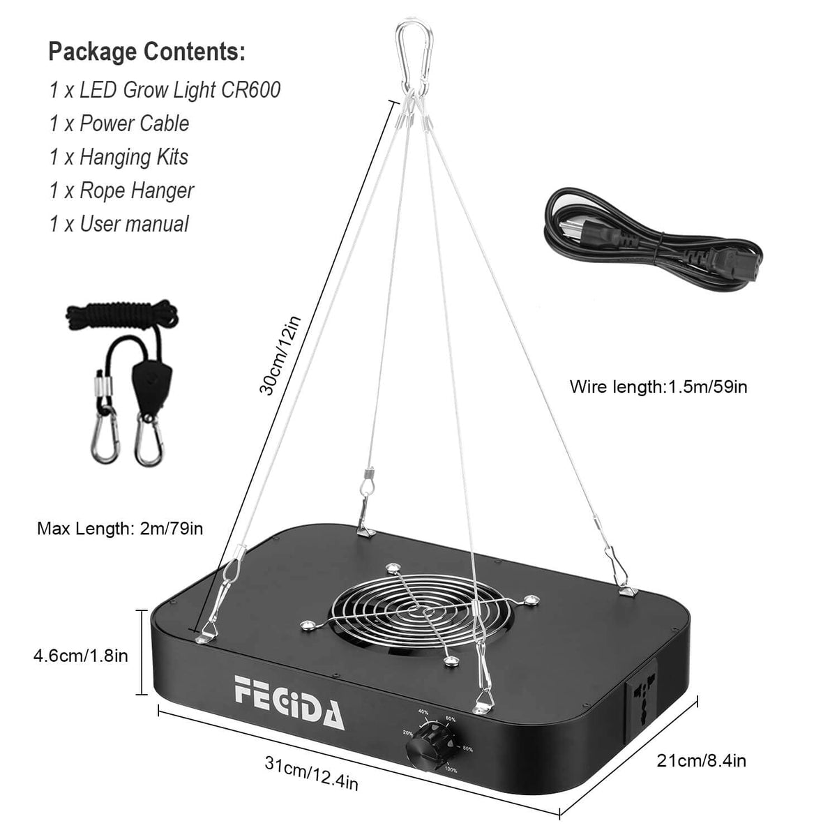 FECiDA LED Grow Light Dimmable 6000 Lumen 65 Watt, 2025 Best Grow Lights for Indoor Plants Full Spectrum, Hanging Seed Starting Seedlings Vegetable Growing Lamps, Daisy Chain Function, Built-in Fan