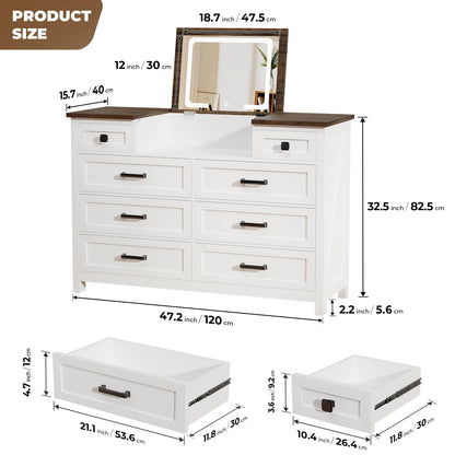BROTTAR Dresser with Mirror for Bedroom, Chest of Drawers with LED Mirror, 8 Drawer Dresser, White Dressers for Kids, Wood Dressers, Farmhouse Makeup Vanity with Storage for Bedroom