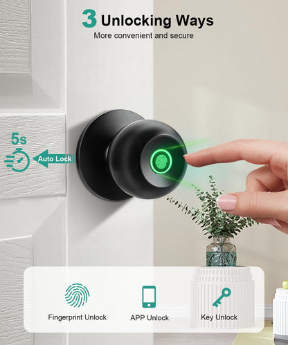 Fingerprint Door Lock, Smart Fingerprint Door Knob with Lock, Biometric Door knob with App Control & Key, Keyless Thumbprint Entry Door Lock for Bedroom, Front Door, Home, Apartment Office and Garages