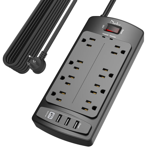 Surge Protector Power Strip - Nuetsa Flat Plug Extension Cord with 8 Outlets and 4 USB Ports, 20 Feet Power Cord (1625W/13A), 2700 Joules, ETL Listed, Black