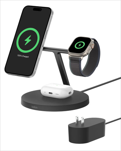 Belkin MagSafe-Compatible Charger, 3-in-1 Wireless Charging Station, Qi2-Certified 15W Wireless Charge for Apple iPhone 16 Series, Apple Watch, AirPods w/Non-Slip Base, 40W Included - Black