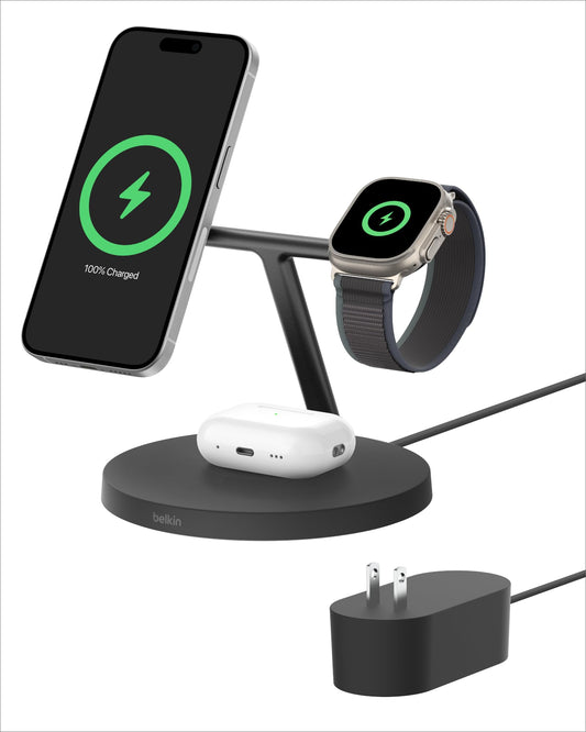 Belkin MagSafe-Compatible Charger, 3-in-1 Wireless Charging Station, Qi2-Certified 15W Wireless Charge for Apple iPhone 16 Series, Apple Watch, AirPods w/Non-Slip Base, 40W Included - Black