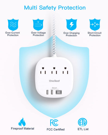 Flat Plug Power Strip, 5ft Ultra Flat Extension Cord - 3 Outlets 4 USB Ports (2 USB C) 22.5W/4.5A Desktop Charging Station, No Surge Protection for Cruise Ship, Dorm Room Travel Essentials