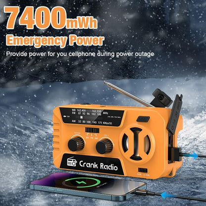 Emergency Weather Radio for Winter Storm, NOAA Weather Radio Hand Crank Emergency Radio with 7400mWh Power Bank, USB/Solar/Hand Crank, Battery Operated,Flashlight&SOS Alarm,for Emergency Survival Gear