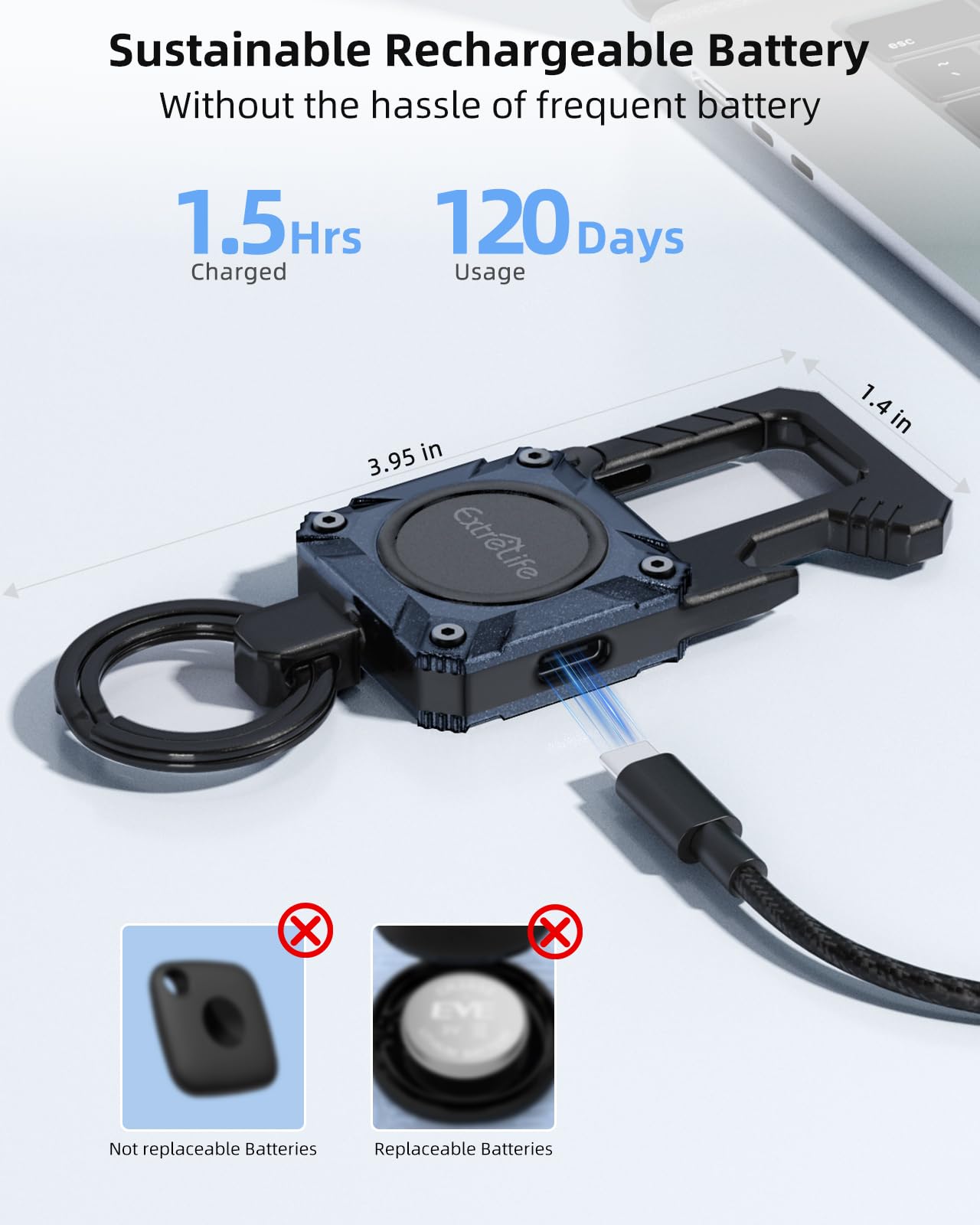 Keychain, Works with Apple Find My, Heavy Duty Keychain Bottle Opener, Carabiner Car Key Chains with GPS Tracker, Key Finder, Bluetooth Tracker for Luggage, Kids, Bags and More, Rechargeable, Blue