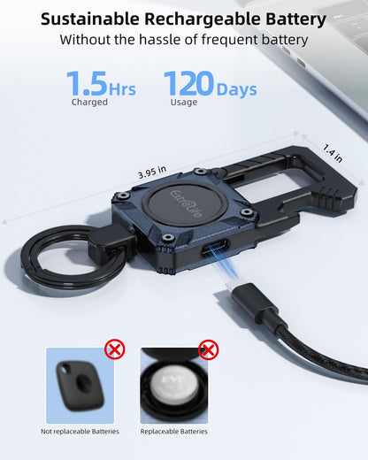 Keychain, Works with Apple Find My, Heavy Duty Keychain Bottle Opener, Carabiner Car Key Chains with GPS Tracker, Key Finder, Bluetooth Tracker for Luggage, Kids, Bags and More, Rechargeable, Blue