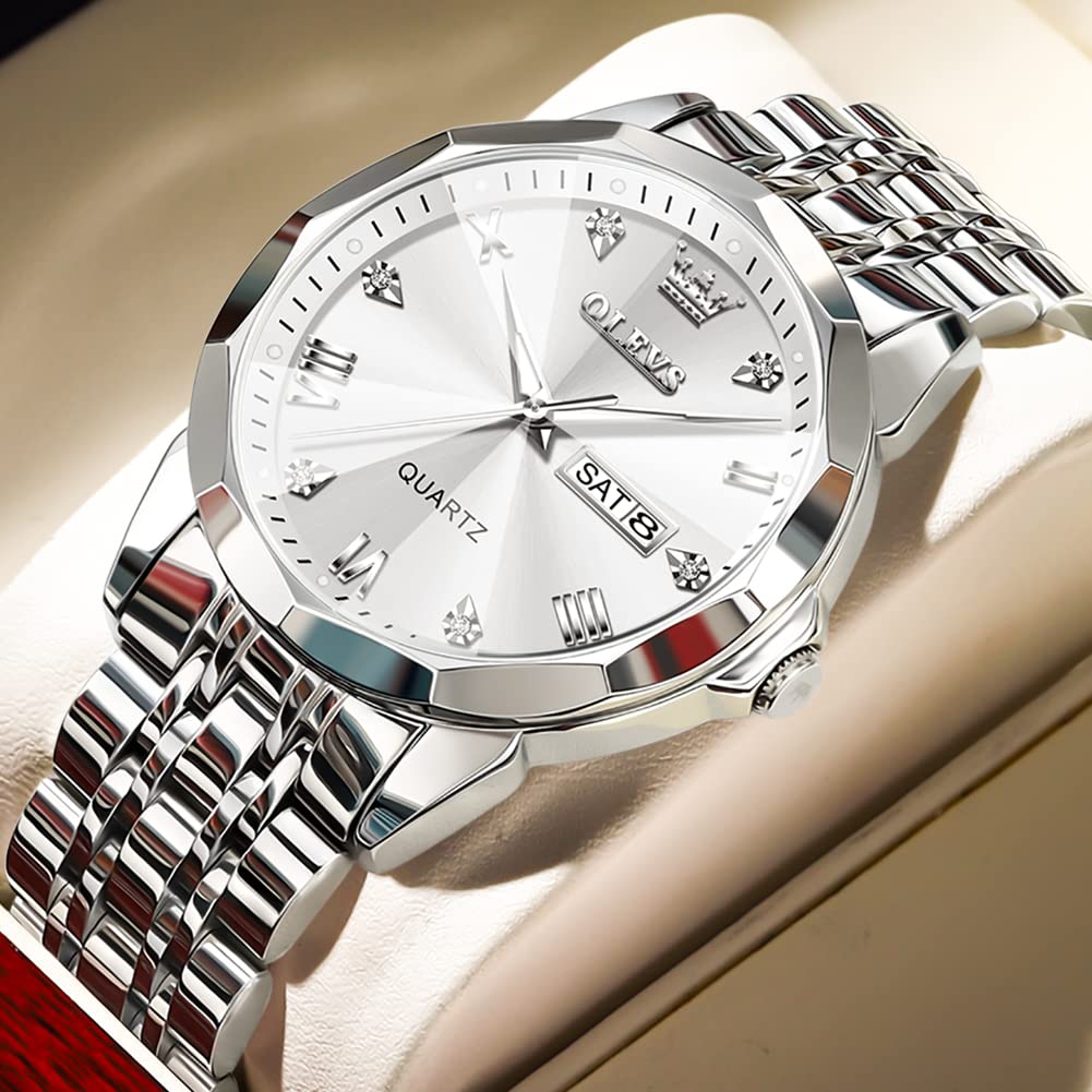 OLEVS Watch for Men Diamond Business Dress Analog Quartz Stainless Steel Waterproof Luminous Date Two Tone Luxury Casual Wrist Watch Silver Mens