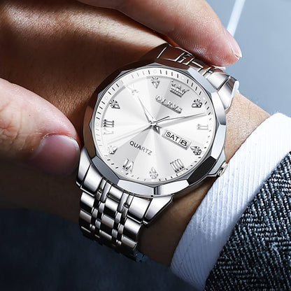 OLEVS Watch for Men Diamond Business Dress Analog Quartz Stainless Steel Waterproof Luminous Date Two Tone Luxury Casual Wrist Watch Silver Mens