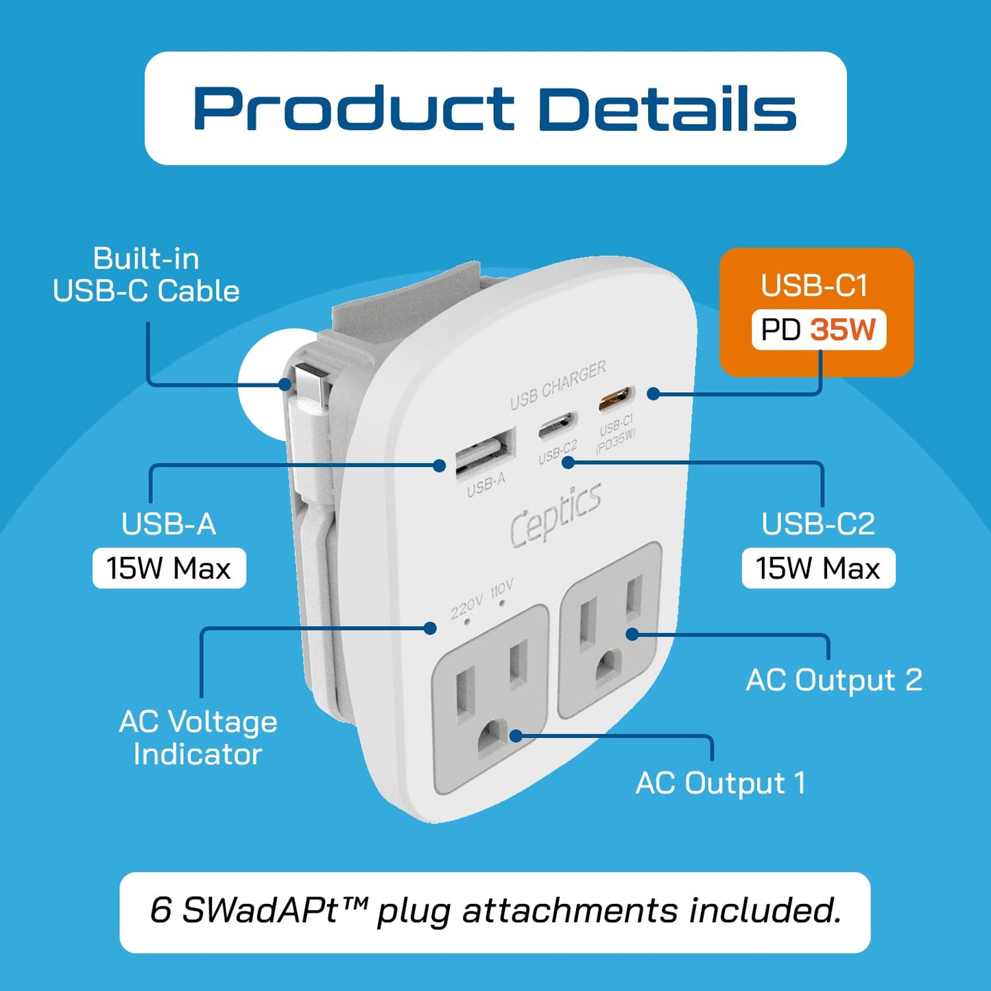 Ceptics Universal Travel Adapter Kit – 2 USA sockets, 2 USB-A (1x QC 3.0) and USB-C cable, Surge Protected, Plugs for EU, UK, China, AU, Japan - Use with Laptop, Phones, Cameras - ETL Tested