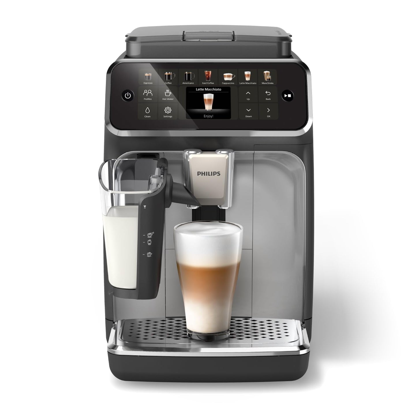 Philips 4400 Series Fully Automatic Espresso Machine – 12 Hot & Iced Coffees, Quick-to-Clean LatteGo Milk System, SilentBrew, QuickStart, Ceramic Grinder, Black Chrome (EP4444/90)