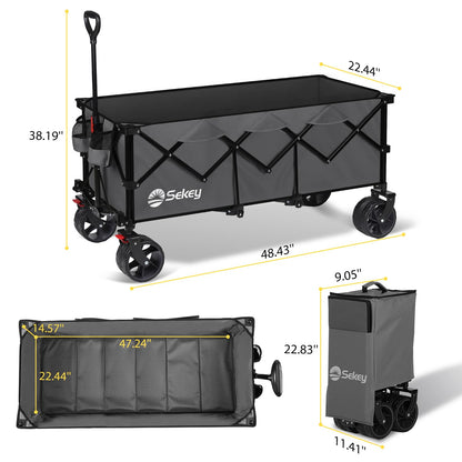 Sekey 48''L Collapsible Foldable Extended Wagon with 440lbs Weight Capacity, Heavy Duty 300L Folding Utility Garden Cart with Big All-Terrain Beach Wheels & Drink Holders. Grey