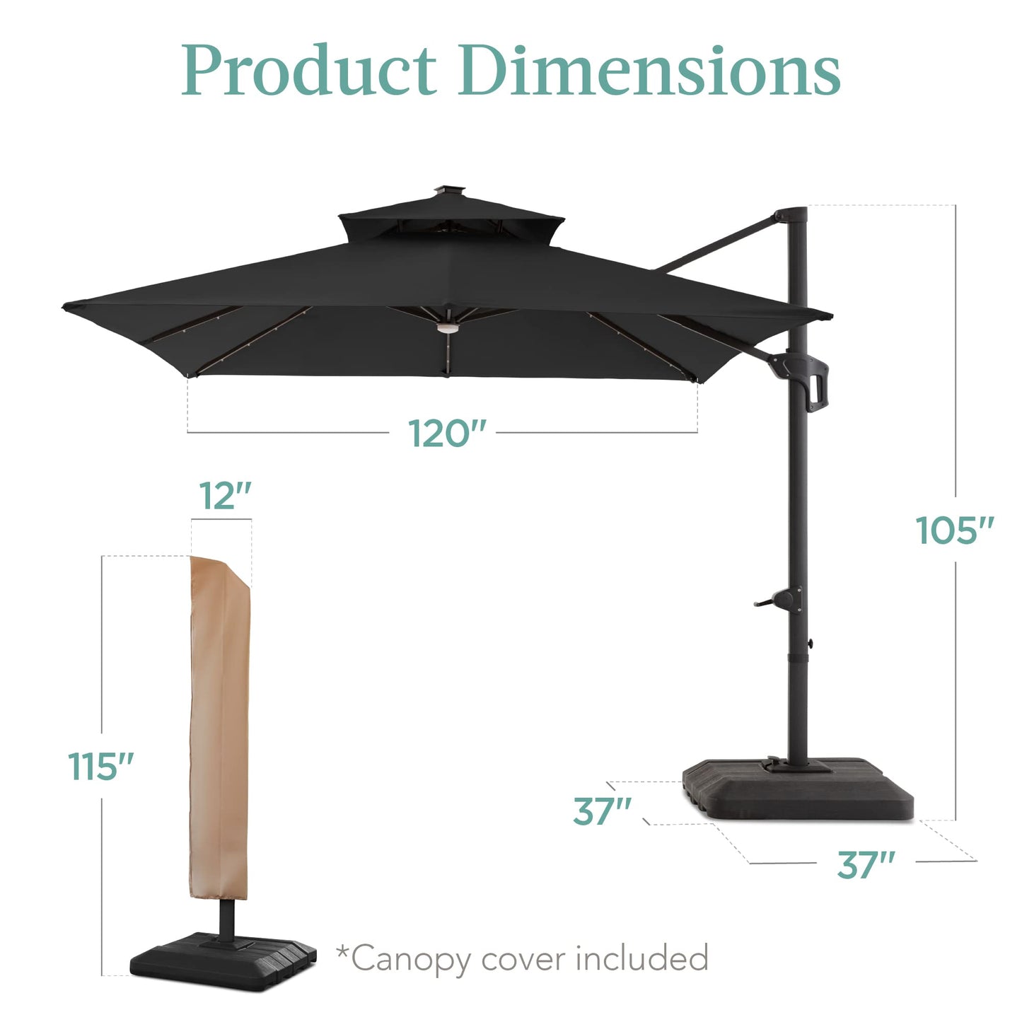 Best Choice Products 10x10ft Cantilever Patio Umbrella w/Base Included, Solar LED Lights 360 Rotation Large Offset Hanging Outdoor Shade for Deck Pool Backyard w/Stand – Gray