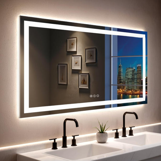 miskerm 55"x 30" LED Bathroom Mirror with Lights, Double Lighting Sources Dimmable, Anti-Fog Vanity Mirror with Lights, Lighted Bathroom Vanity Mirror for Wall Tempered Glass (Horizontal/Vertical)
