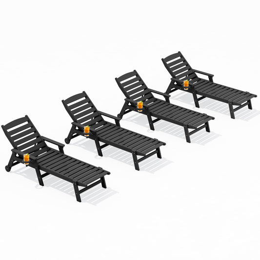 SERWALL Patio Chaise Lounge Chair Set of 4, 5 Positions Adjustable Poly Outdoor Lounge Chair for Pool, HDPE Lounge Chair with Rolling Wheels & Cup Holder for Poolside, Deck, Obsidian Black