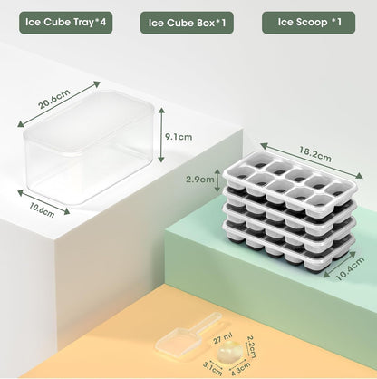 DOQAUS Ice Cube Tray with Lid and Bin - 4 Pack Silicone Ice Cube Trays for Freezer, Stackable Ice Bucket Kits with Storage Container & Scoop for Kitchen, RV, Cocktail, Coffee