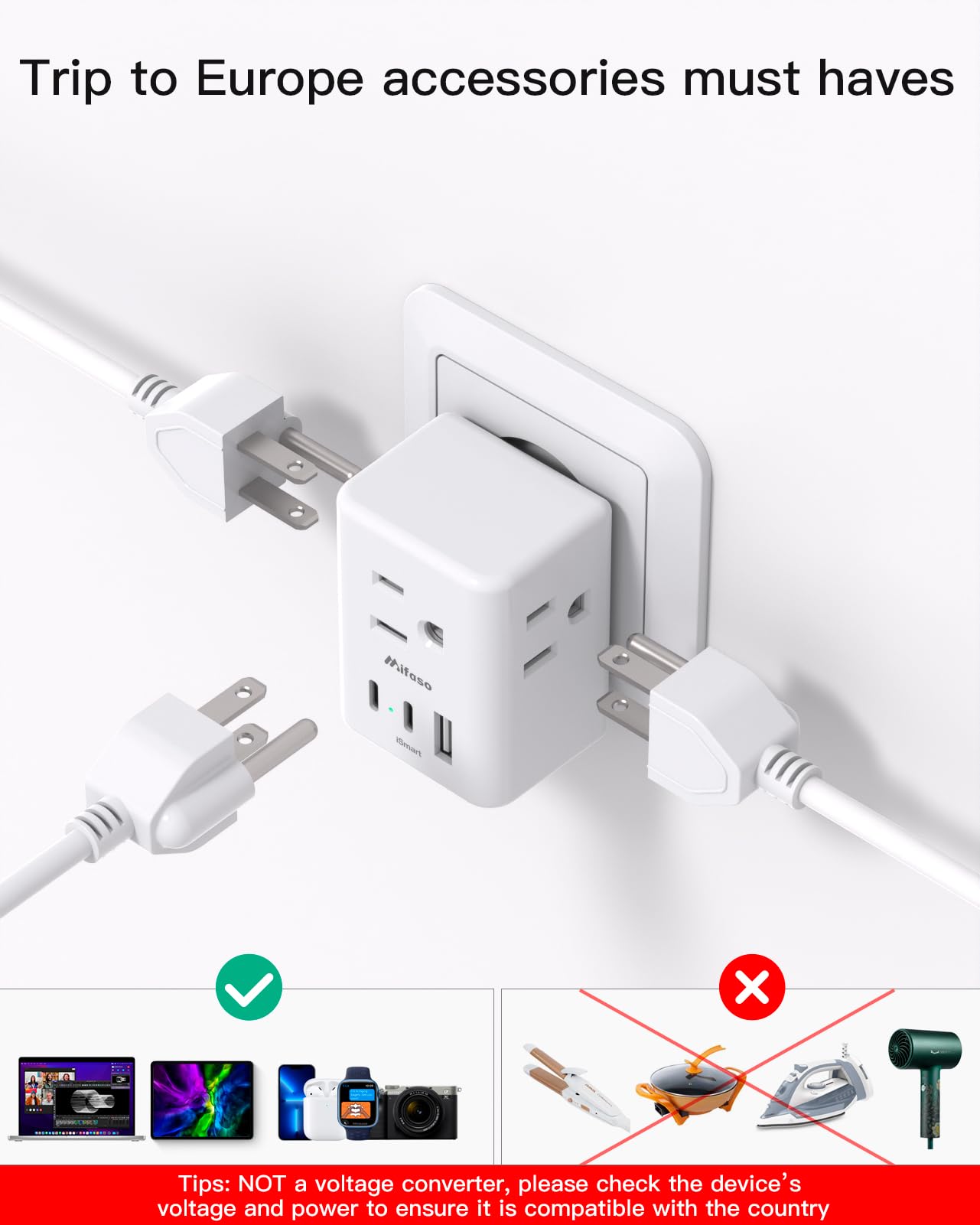 2 Pack European Travel Plug Adapter, International Power Plug Adapter with 3 Outlets 3 USB Charging Ports(2 USB C), Type C Plug Adapter Travel Essentials to Most Europe EU Spain Italy France Germany