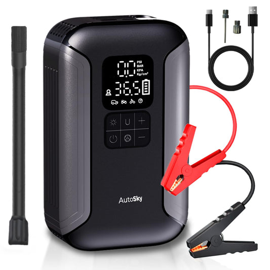 AUTOSKY 2-in-1 Jump Starter with Air Compressor – Starts Up to 6.0L Gas and 3.0L Diesel Engines – Portable Tire Inflator, LED Flashlight & Power Bank – Emergency Car Tool for SUV, Truck, Motorcycle