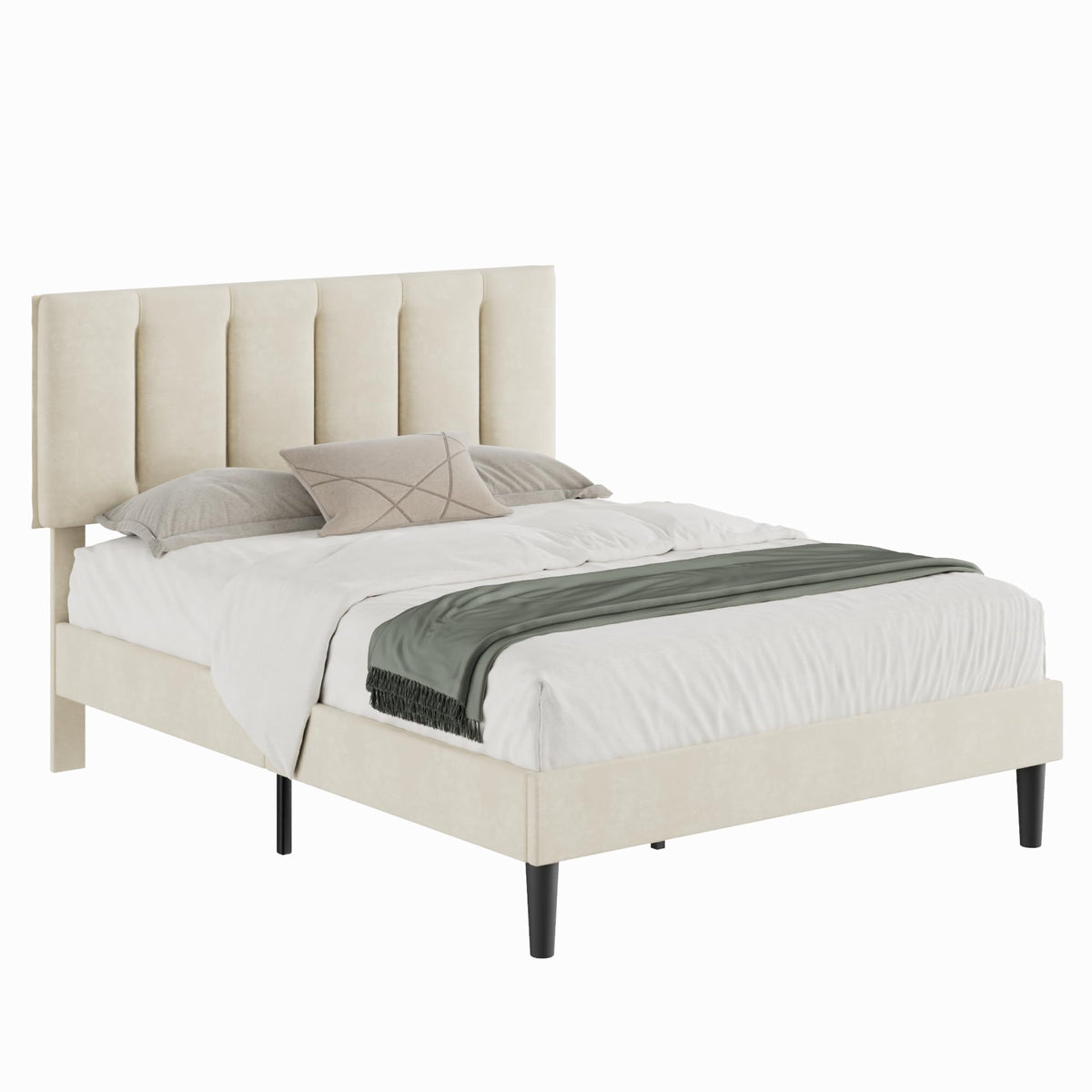 VECELO Queen Size Bed Frame with Upholstered Headboard, Pale Beige