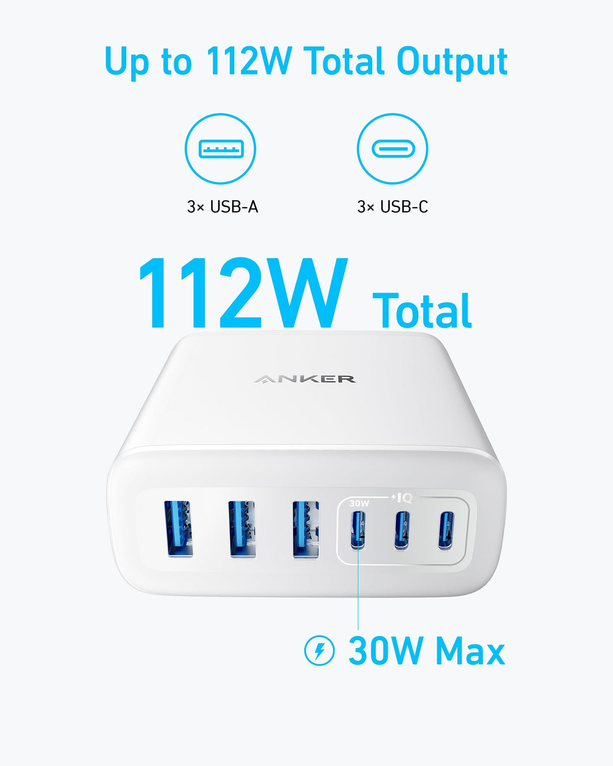 Anker Desktop Charger, Fast Charging USB C Charger, 112W Max 6-Port Charging Station, for iPhone17, iPad, MacBook, Samsung and More (Cable Not Included)