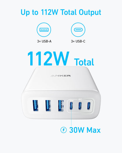 Anker Desktop Charger, Fast Charging USB C Charger, 112W Max 6-Port Charging Station, for iPhone17, iPad, MacBook, Samsung and More (Cable Not Included)