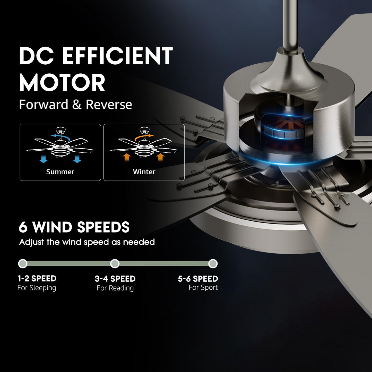 52 Inch Nickel Ceiling Fans with Lights and Remote Control for Bedroom, Modern Ceiling Fan with Quiet Reversible DC Motor, 3CCT, Dimmable, LED for Living Room, Patio, Indoor and Outdoor