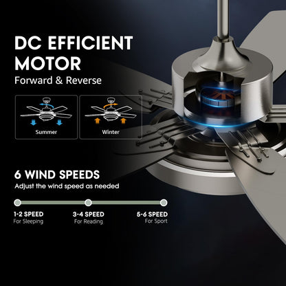 52 Inch Nickel Ceiling Fans with Lights and Remote Control for Bedroom, Modern Ceiling Fan with Quiet Reversible DC Motor, 3CCT, Dimmable, LED for Living Room, Patio, Indoor and Outdoor