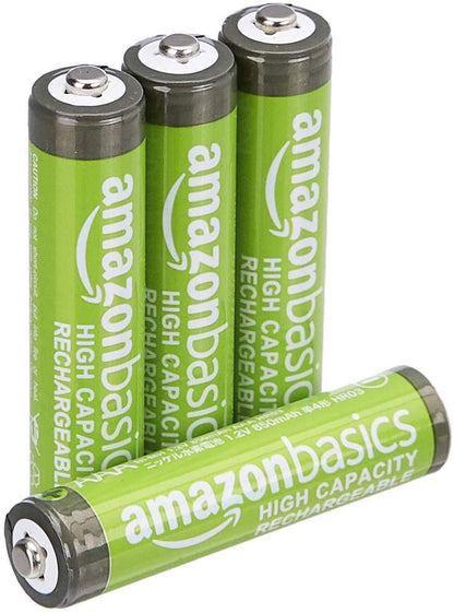 Amazon Basics Rechargeable AAA Batteries, 4-Pack, 850 mAh, NiMH High-Capacity Batteries, Recharge up to 500x Times, Pre-Charged
