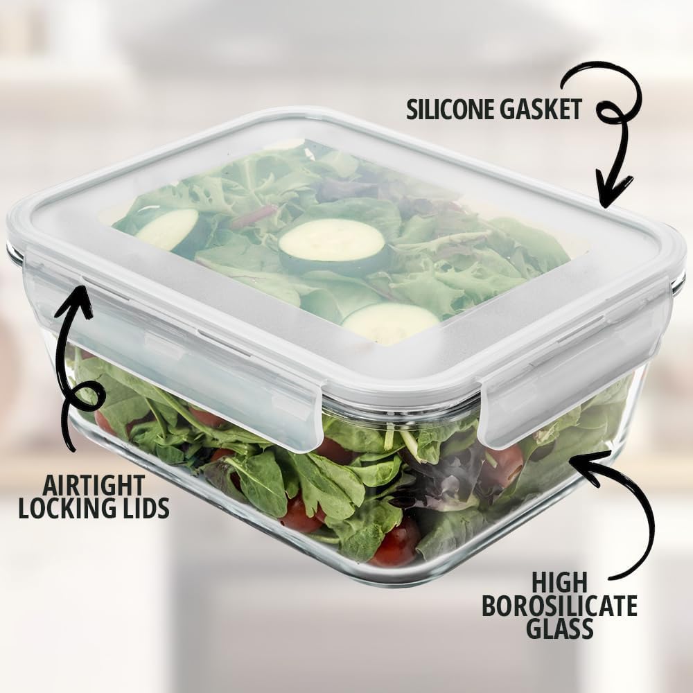 Razab 3300 ml / 112 oz Large Glass Food Storage Containers with Lids, Airtight, Leakproof, BPA Free - Ideal for Meal Prep, Store Leftover & Lunch, Baking Casserole - Freezer, Microwave & Oven Safe