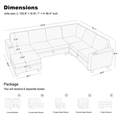 Belffin Chenille Modular Sectional Sofa Convertible L Shaped Corner Couches for Living Room with Storage Armrest with Cup Holder Light Grey Couch