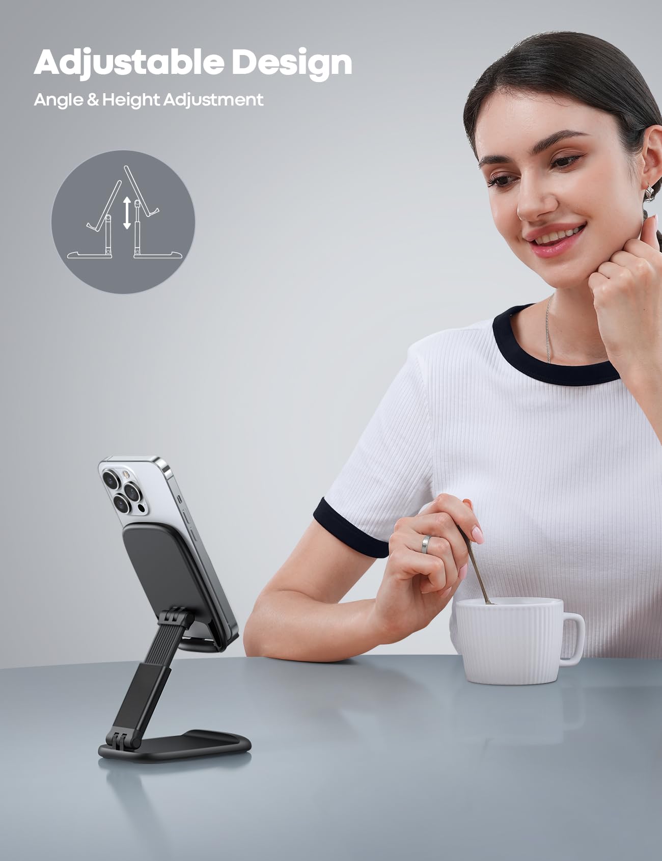 Lamicall Cell Phone Stand for Desk - [Height Adjustable] Foldable Mobile Phone Holder, Portable Stand for iPhone 17 16 15 14 13 12 11 Pro Max Plus Air, Galaxy S25 S24, Telephone, Office Accessories
