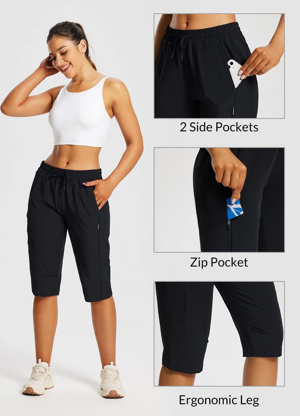 baleaf Women's 15" Long Shorts Below The Knee Capri Hiking Cargo Shorts Lightweight Quick Dry Elastic Waist for Casual Black L