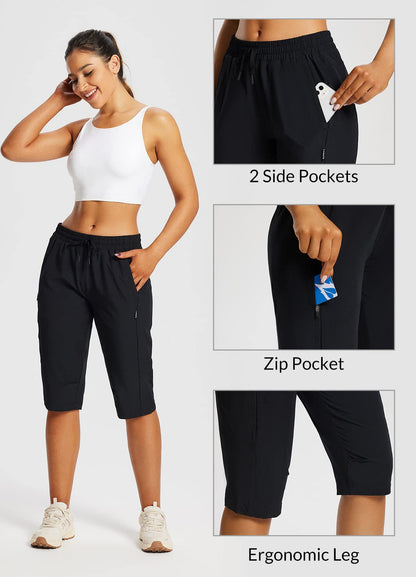 baleaf Women's 15" Long Shorts Below The Knee Capri Hiking Cargo Shorts Lightweight Quick Dry Elastic Waist for Casual Black L
