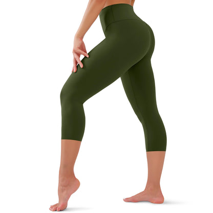High Waisted Capri Leggings for Women - Tummy Control Soft Yoga Pants for Workout Running No See Through Plus Size Army Green