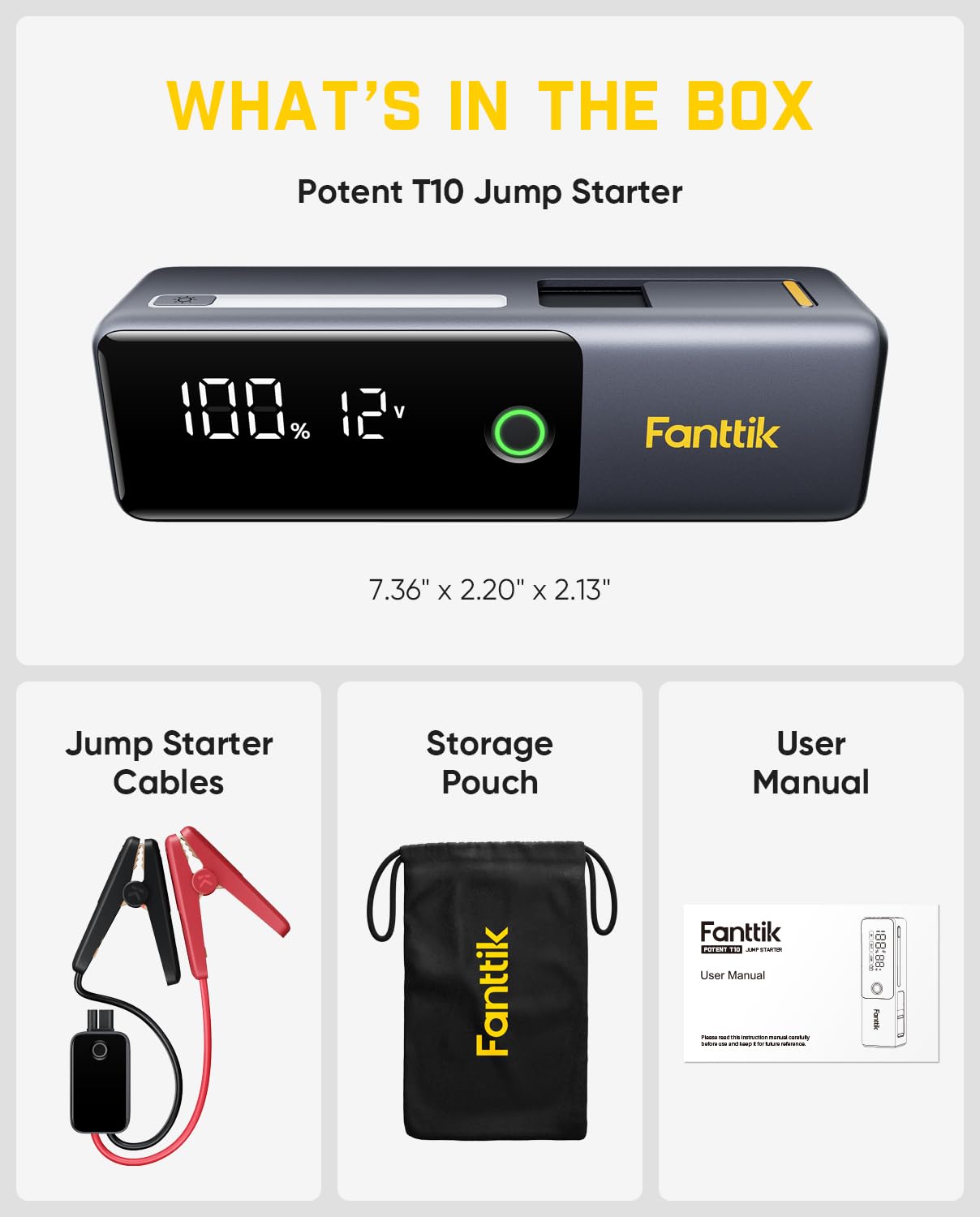 Fanttik Potent T10 1800A Portable Jump Starter, 12000mAh Power Bank, 12V Safe Lithium Jump Box with Smart SenseClamp, Retractable Charging Cable, Battery Booster for 7.0L Gas and 5.0L Diesel Engines