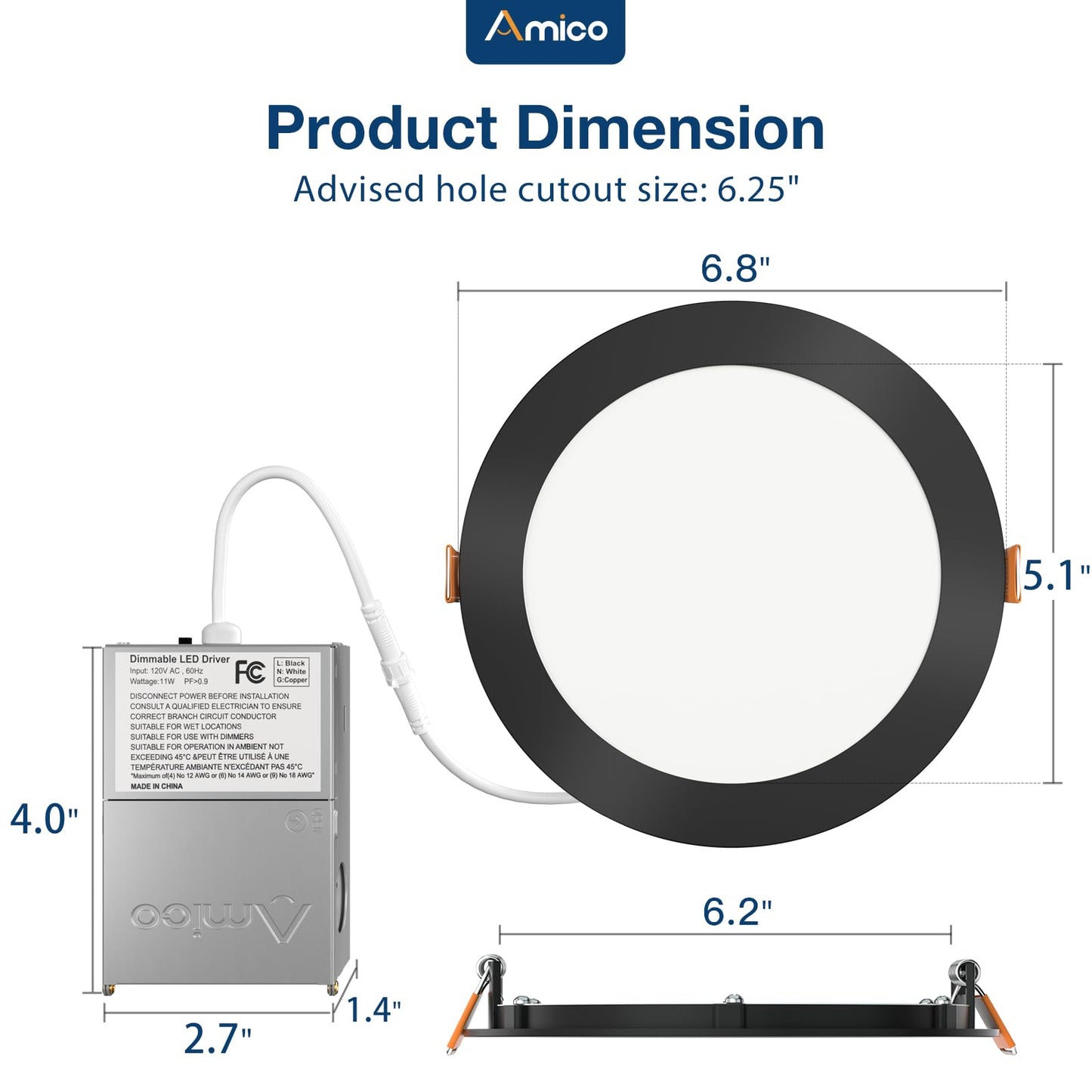 Amico 12 Pack 6 Inch 5CCT Ultra-Thin LED Recessed Ceiling Light with J-Box, 2700K/3000K/3500K/4000K/5000K Selectable, 12W Eqv 110W, Dimmable Canless Downlight, 1050LM High Brightness, Black - ETL
