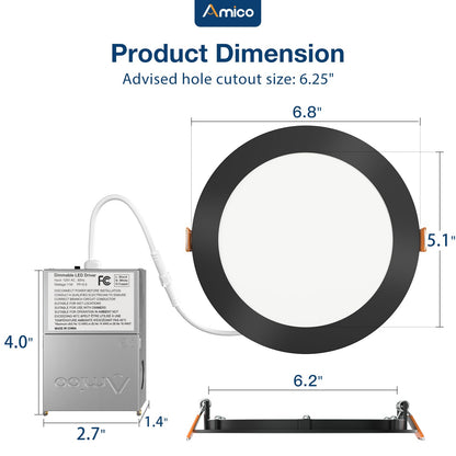 Amico 12 Pack 6 Inch 5CCT Ultra-Thin LED Recessed Ceiling Light with J-Box, 2700K/3000K/3500K/4000K/5000K Selectable, 12W Eqv 110W, Dimmable Canless Downlight, 1050LM High Brightness, Black - ETL