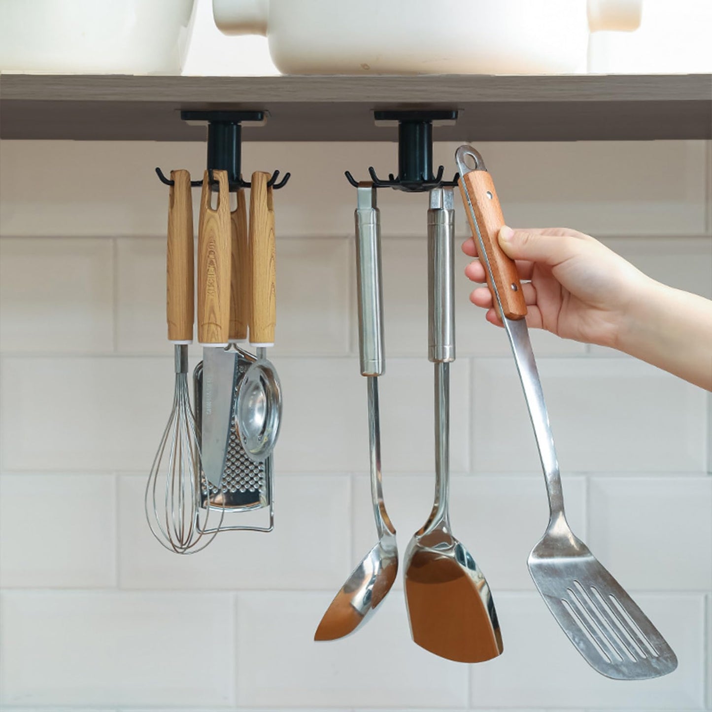 Black Under Cabinet Kitchen Utensil Hook, 360° Rotating Utensils Hanger Hook for Kitchen and Bathroom Hanging Rack for Tools/Towel/Knife/Scoop