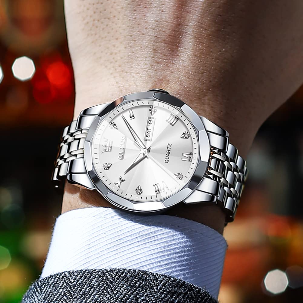 OLEVS Watch for Men Diamond Business Dress Analog Quartz Stainless Steel Waterproof Luminous Date Two Tone Luxury Casual Wrist Watch Silver Mens