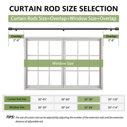 5/8” Diameter Curtain Rods 30-90 Inch, for 30-84 Inch Windows, Adjustable Splicing Black Curtain Rods for Windows with Brackets, Window Rod Long Small Curtains Rod, 2 Pack
