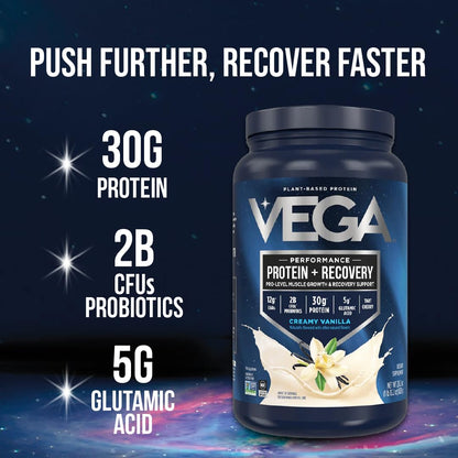 Vega Sport Vegan Protein Powder + Recovery - 30g Plant Based Protein per Serving, Chocolate, 45 Servings, 5g BCAAs, Probiotics, NSF Certified, for Shakes & Smoothies, 4.4lbs (Packaging May Vary)