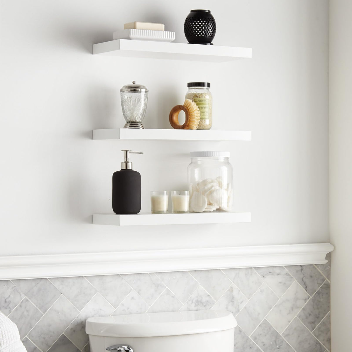 BAYKA Floating Shelves for Wall – Rustic Wood Wall Shelves with Metal Brackets for Bathroom, Bedroom, Kitchen, or Living Room Decor – White, Set of 3, Sturdy Storage with 22lb Capacity