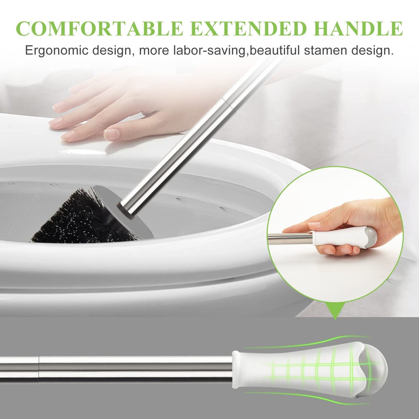 AONEZ Compact Toilet Brush & Holder, Stainless Steel Handle, Space Saving for Storage, Deep Cleaning, Drip-Proof, Easy to Assemble, Nylon Bristles, White & Grey