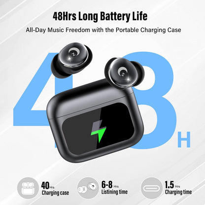 VEKJ Sleep Earbuds, Bluetooth 5.4 in Ear Smart Touch Screen Earbuds, 48H Mini Sleep Headphones Small Design for Side Sleepers, Crystal-Clear Calls Ear Buds, 5 EQ Modes, IPX7 Waterproof Earphones Black