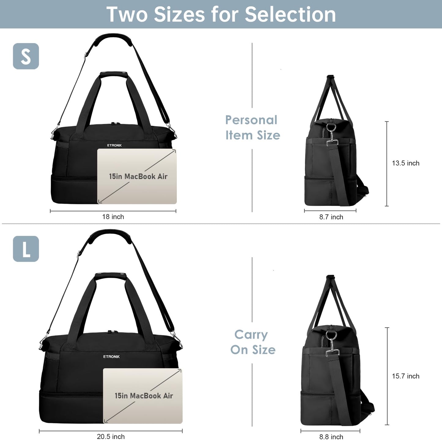 ETRONIK Gym Bag for Women, 47L Carry On Travel Duffel Bag with Shoes Compartment, Weekender Overnight Bag with Wet Pocket & USB Charging Port for Women, Travel, Gym, Weekend, Large Size (Black)