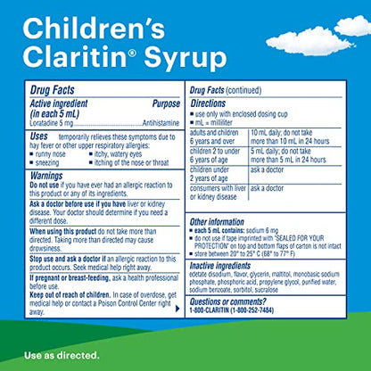Claritin 24 Hour Allergy Relief - Grape Flavored - Non Drowsy Liquid Antihistamine for Kids, Dye, Alcohol, and Sugar Free Medicine For Children 2 Aged Years and Older
