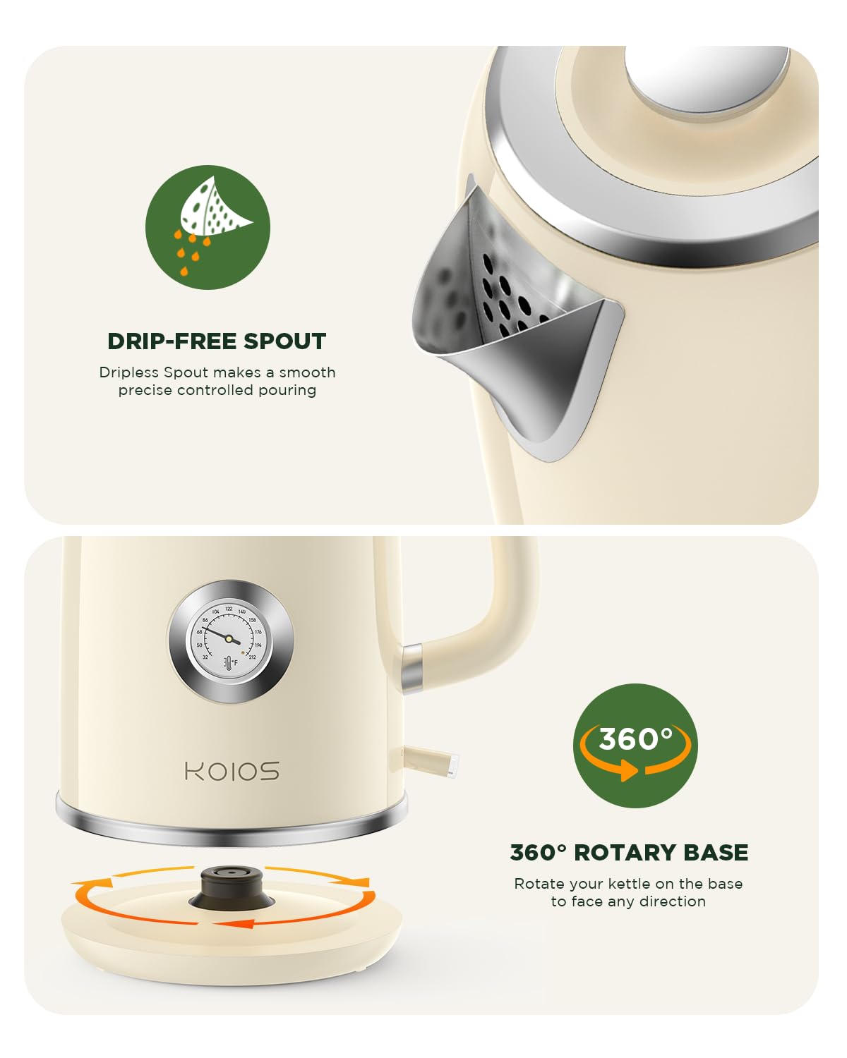 Electric Kettle 1.8L with Temperature Gauge, 1500W Fast Boiling Electric Tea Kettle, 100% Stainless Steel Retro-Style Hot Water Kettle Electric - Glowing LED Light, Auto Shut-Off & Boil-Dry Protection