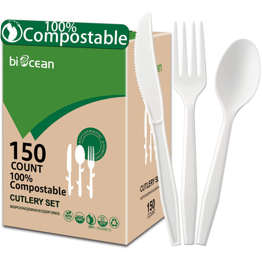 BIOCEAN 100%Compostable No Plastic Knives Disposable Forks Spoons Plastic Utensils, The Heavyweight Heavy Duty Flatware is Eco Friendly Products for Lounge Party Wedding BBQ Picnic Camping [150 Count]